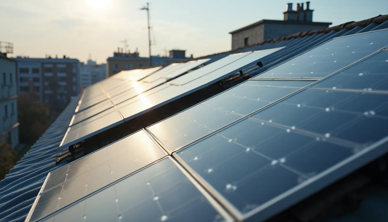 High angle view of solar panels on urban rooftops