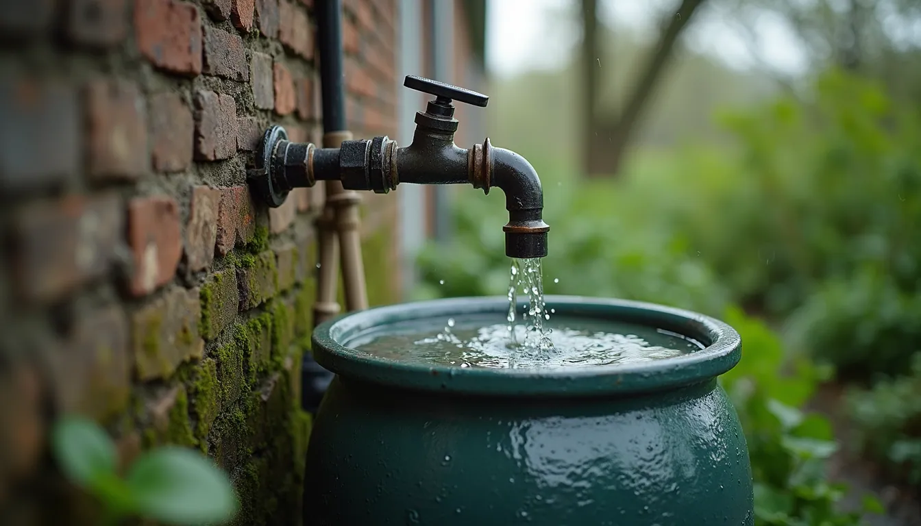 Eye-level view of a rainwater harvesting system with a barrel