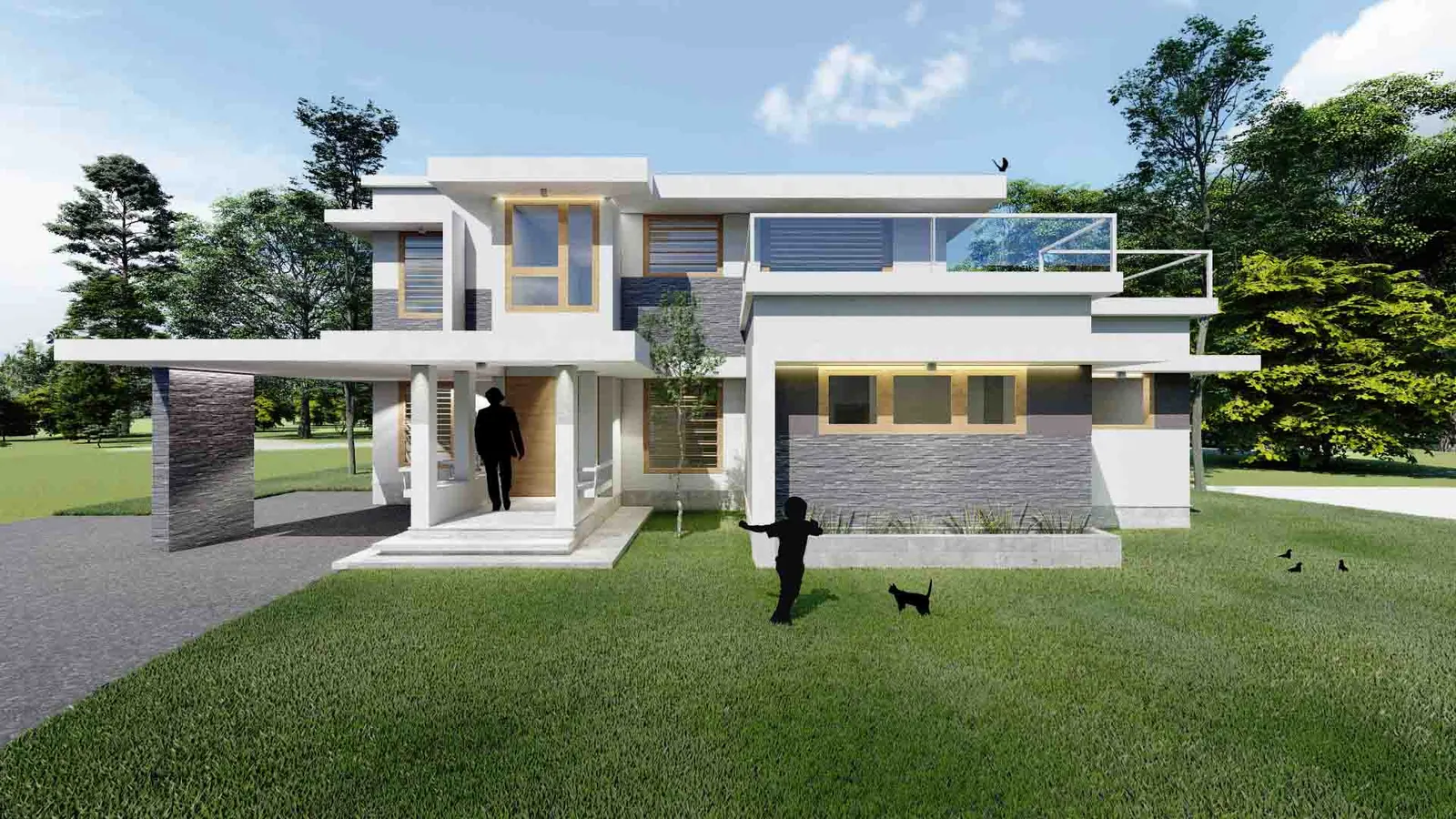 Layered white slabs and a glass-railed terrace give Elysian Echoes its long, low profile