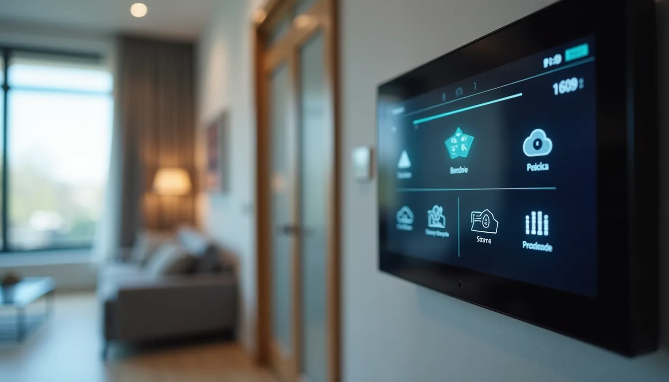 Eye-level view of a modern smart home control panel with various digital features